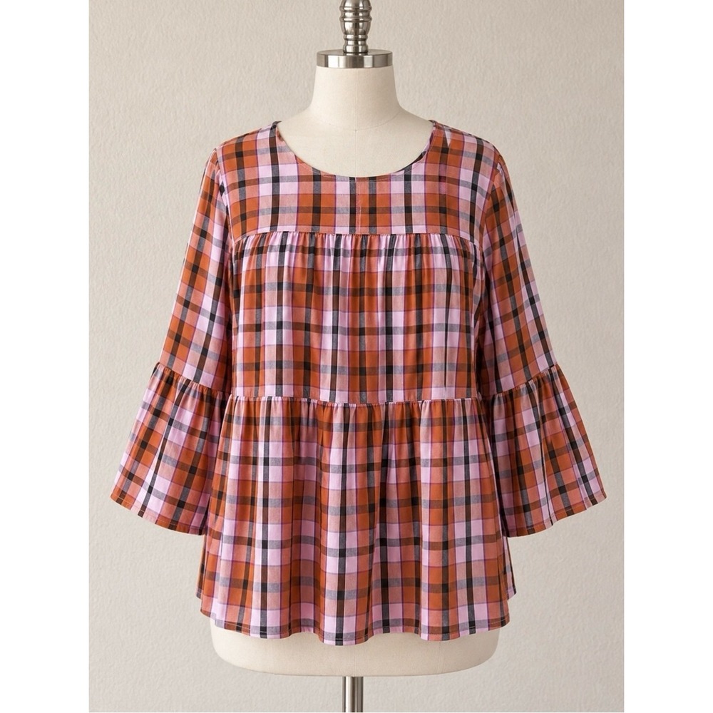 Tiered Babydoll Blouse 1X Bell Sleeve Boho Top Plaid Vacation‎ Festival Cowgirl